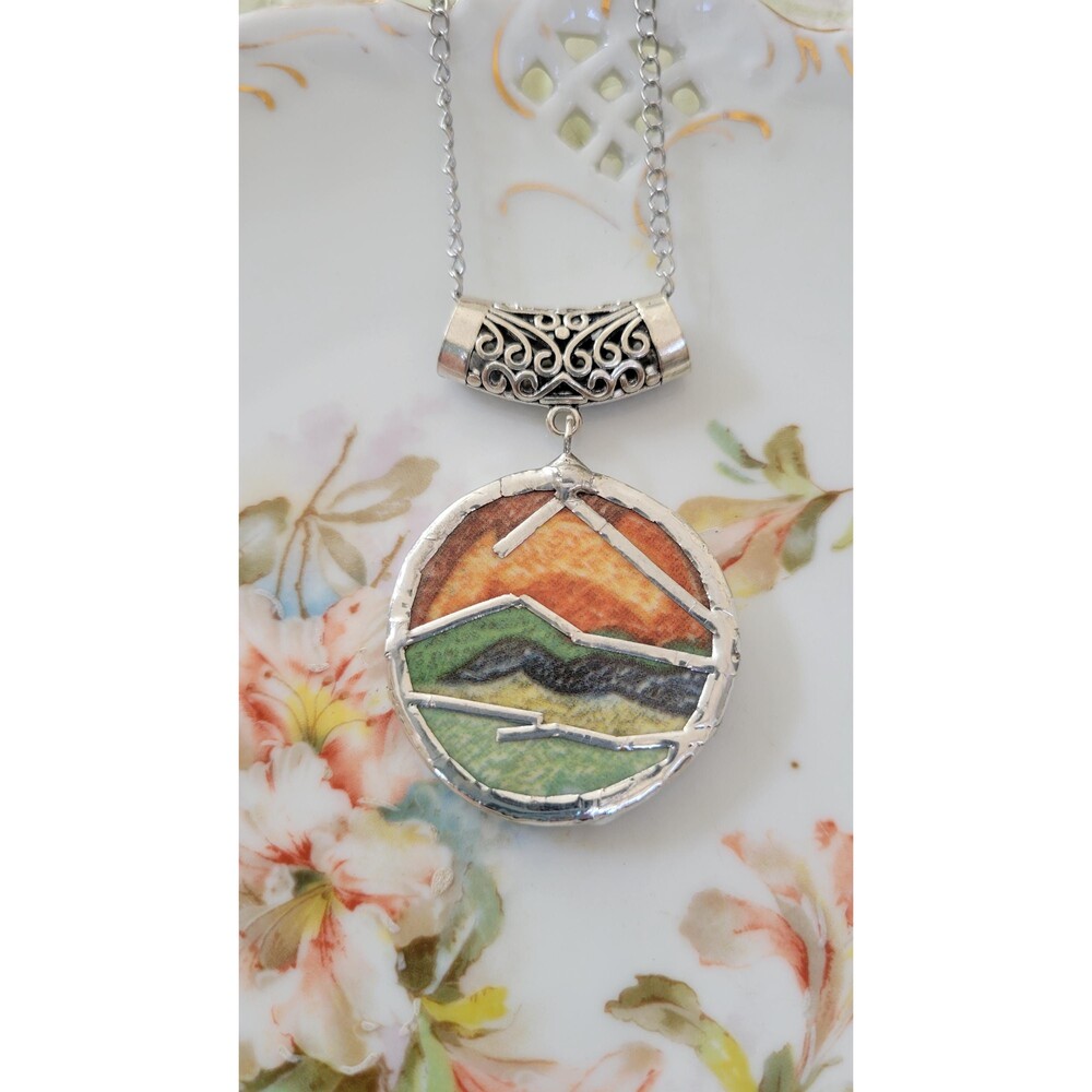 Upcycled Broken China Mountain Necklace – Hand-Soldered Landscape Pendant